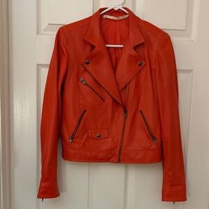 Truth and Pride Vibrant Orange Moto Biker Perforated Leather Jacket.
